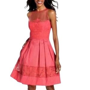 Maggy London Coral Pink Lace Illusion Mesh Fit and Flare Cocktail Dress Size 8